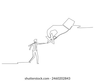 Continuous one line drawing the businessman was to get a star from the giant hand. Business growth concept. Design vector illustration