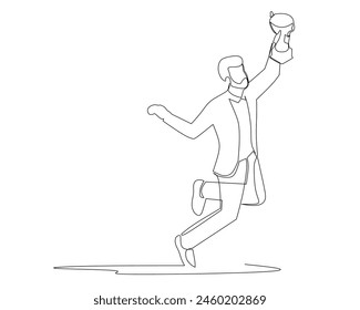 Continuous one line drawing the businessman was happy and celebrating with holding the trophy. Business growth concept. achievement. Design vector illustration