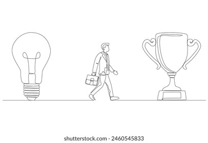 Continuous one line drawing of businessman walking from light bulb to trophy, idea of success, vision for business victory concept, single line art.