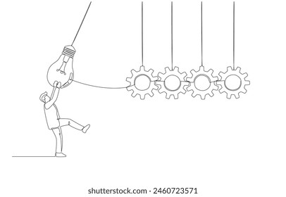 Continuous one line drawing of businessman pushing light bulb to make cogwheel work, implementing ideas into real business practice concept, single line art.