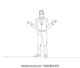 Continuous one line drawing of businessman explaining strategy. One line drawing illustration of businessman explaining. Presentation for work concept. Editable outline.
