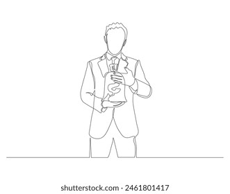 Continuous one line drawing of businessman explaining strategy. One line drawing illustration of businessman explaining. Presentation for work concept. Editable outline.
