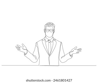Continuous one line drawing of businessman explaining strategy. One line drawing illustration of businessman explaining. Presentation for work concept. Editable outline.
