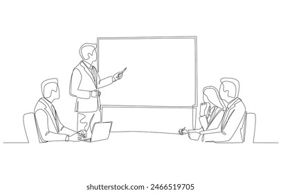 Continuous one line drawing of businessman give project presentation to colleagues, business meeting and discussion concept, single line art.