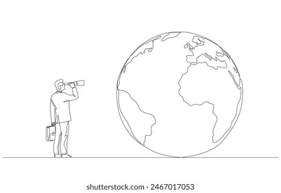 Continuous one line drawing of businessman looking globe through telescope, global business and investment opportunity concept, single line art.