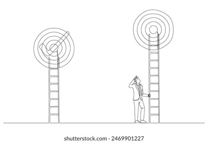 Continuous one line drawing of businessman preparing ladder to reach next target, higher business challenge concept, single line art.