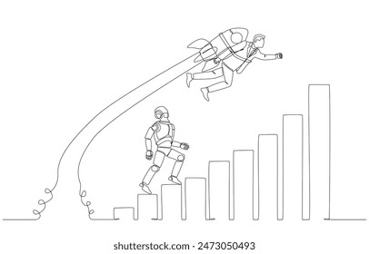 Continuous one line drawing of businessman with rocket booster overtaking robot stepping up on rising bar graph, upskilling in AI era concept, single line art.