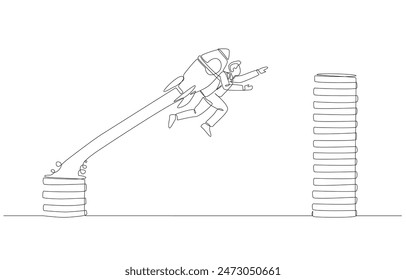 Continuous one line drawing of businessman with rocket booster soaring to higher coin stack, skill development to increase salary concept, single line art.