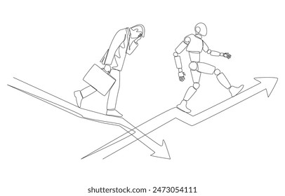 Dibujo continuo de una línea de un hombre de negocios caminando por un gráfico que cae mientras el robot camina por un gráfico que sube, sustituyendo la mano de obra humana con el concepto de tecnología, arte de una sola línea.