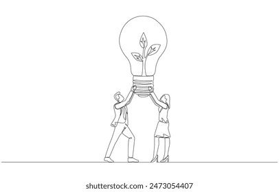 Continuous one line drawing of businessman and businesswoman holding light bulb with young plant inside, environmentally friendly business practice, ESG concept, single line art.