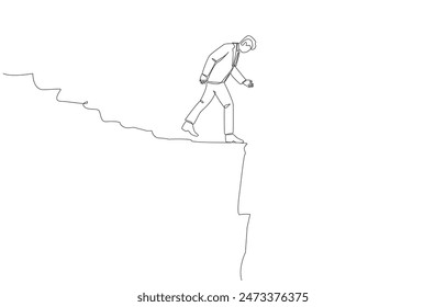 Continuous one line drawing of businessman on the edge of mountain cliff, business risk, facing major difficulty or obstacle in investing concept, single line art.