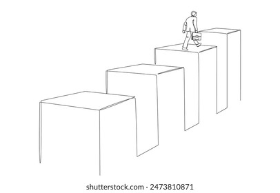 Dibujo continuo de una línea del hombre de negocios que pisa el gráfico de barra ascendente, crecimiento de la carrera, motivación para triunfar concepto, arte de una sola línea.