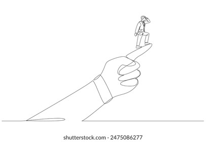 Continuous one line drawing of businessman standing on pointing finger of boss's hand looking forward, business guidance, leadership concept, single line art.