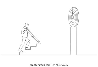 Dibujo continuo de una línea del hombre de negocios que dibuja la escalera al objetivo, ambición para alcanzar el concepto de la meta del negocio, arte de la sola línea.