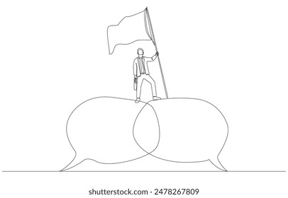 Continuous one line drawing of businessman raising flag standing on connected speech bubbles, successful mediator in business negotiation, skill to compromise concept, single line art.