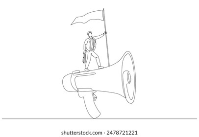 Continuous one line drawing of businessman standing on megaphone to raise flag, successful business communication, single line art.