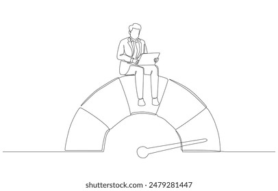 Continuous one line drawing of businessman working on best performance gauge, working with high performance concept, single line art.