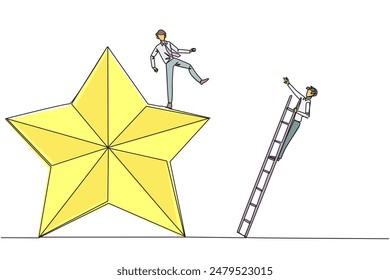 Continuous one line drawing businessman kicks opponent who is climbing the star with a ladder. Dropping opponents from achieving the same dream. Rival. Single line draw design vector illustration