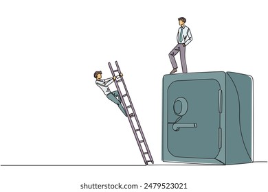 El empresario de dibujo continuo de una línea patea al oponente que está subiendo la caja de seguridad con la escalera. Se cayó bruscamente. Guardar No se puede Rival. Ilustración vectorial de diseño de dibujo de una sola línea