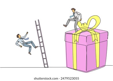 Continuous one line drawing businessman kicks opponent who is climbing the gift box with ladder. Competition justifies any means to get rewards. Rival. Single line draw design vector illustration
