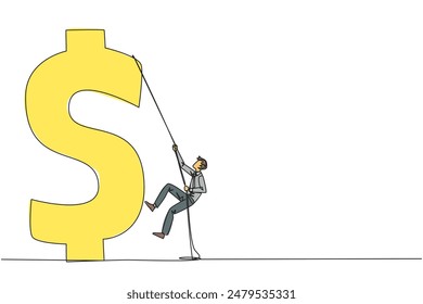 Continuous one line drawing businessman climbs dollar symbol. Metaphor looking for extra money because of high needs. Smart work combined with hard work. Single line draw design vector illustration