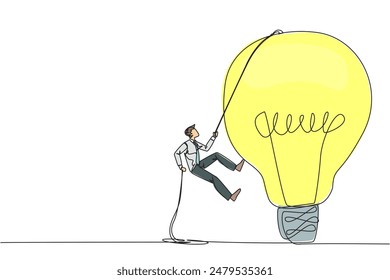Una línea continua que dibuja al hombre de negocios que sube la bombilla con la cuerda. Tratando de llegar a lugares altos para obtener ideas útiles y frescas. Para el beneficio de la compañía. Ilustración vectorial de diseño de dibujo de una sola línea