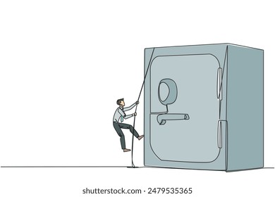 Continuous one line drawing businessman climbs safe deposit box with the rope. Helps secure important company data. Stored in a safe and trusted place. Single line draw design vector illustration