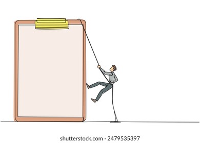 Continuous one line drawing businessman climbing clipboard with rope. Extra effort to work on reports optimally. The final report is awaited. Work hard. Single line draw design vector illustration