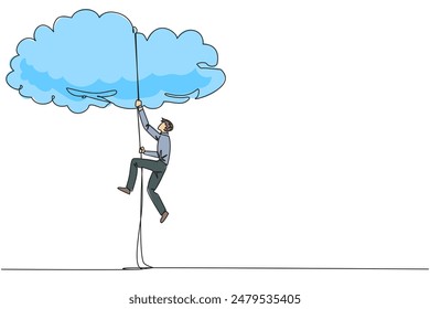 Continuous one line drawing businessman climbing clouds with rope. A metaphor for hanging dreams sky high. Ultimate success. Hard worker. Work smarter. Single line draw design vector illustration