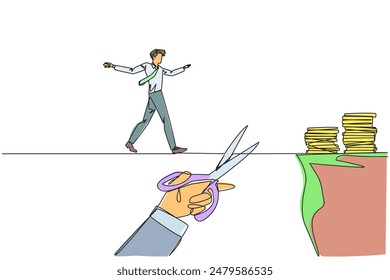 Una línea continua dibujando a un hombre de negocios caminando en la cuerda floja de un acantilado a otro. No pudo mudarse a un lugar mucho mejor. Engañado por un amigo de negocios. Ilustración vectorial de diseño de dibujo de una sola línea