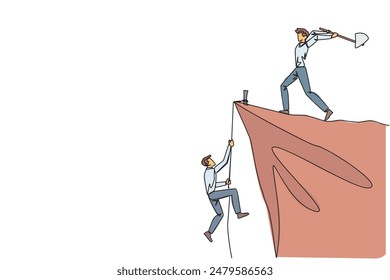 Continuous one line drawing businessman climbs cliff with rope. Almost successful. Rudely dropped by a business friend. Fake partner. The worst teamwork. Single line draw design vector illustration