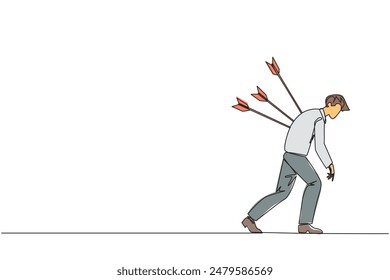 Continuous one line drawing businessman standing and several arrows stuck in the back. Attacked from behind. Destroyed and helpless. Fake partner. Traitor. Single line draw design vector illustration