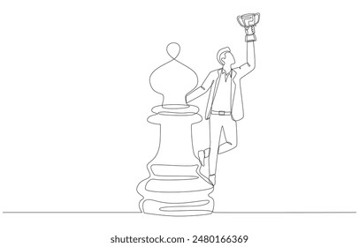 Continuous one line drawing of businessman standing on chess piece raising trophy, successful business strategy concept, single line art.