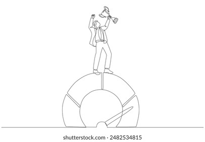 Continuous one line drawing of businessman raising trophy on performance gauge, performance to business victory concept, single line art.