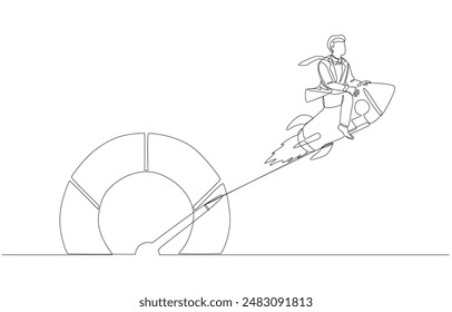 Continuous one line drawing of businessman riding rocket to pull pointer of performance gauge to higher value, increase work efficiency concept, single line art.