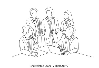 Continuous one line drawing of businessman standing to show opinion about project for his team, business meeting, brainstorming concept, single line art.