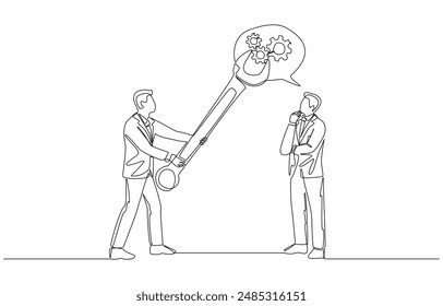 Continuous one line drawing of businessman fixing cogwheels in thought bubble of his employee, mentorship to improve thinking process at work, single line art.