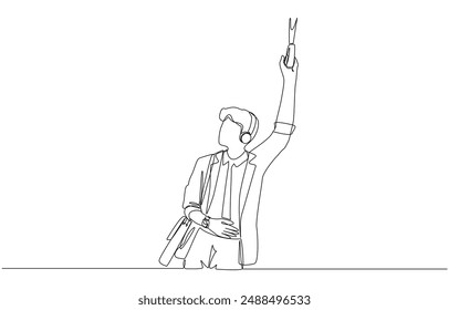 Continuous one line drawing of businessman holding metro handrail and wearing headphone, commuting to work by public transportation concept, single line art.