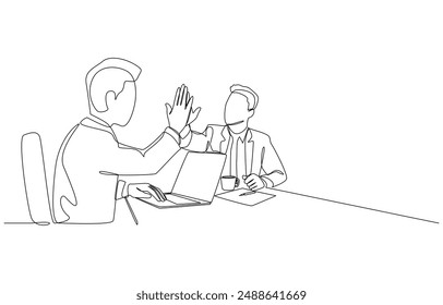 Continuous one line drawing of businessman and colleague giving high five gestures to support business plan, idea support, encouragement in work concept, single line art.