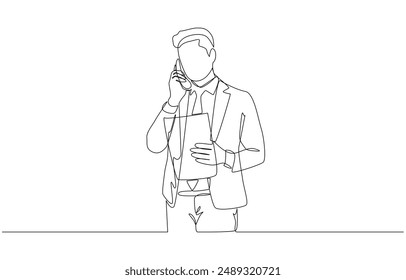 Continuous one line drawing of businessman holding document and making phone call, business communication concept, single line art.