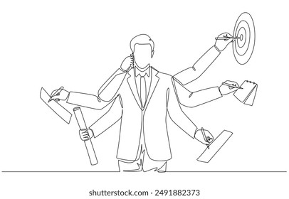 Continuous one line drawing of businessman with multiple hands doing multiple works at once, multitasking skill, work efficiency concept, single line art.