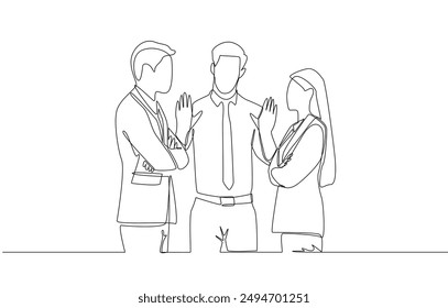 Continuous one line drawing of businessman trying to stop argument between colleagues, office controversy concept, single line art.