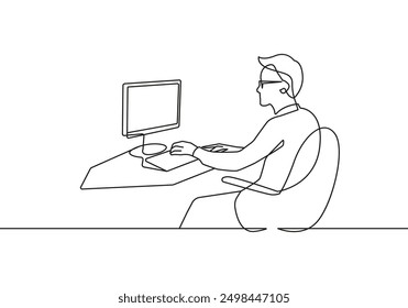 Continuous One Line Drawing of Businessman with Laptop. Man Working in Office One Line Illustration. Business Concept Abstract Minimalist Contour Drawing. Vector EPS 10