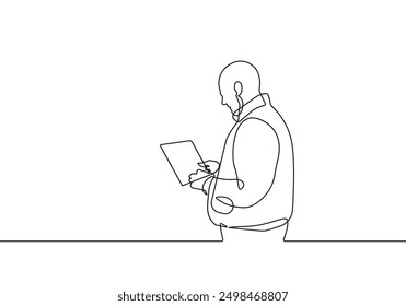 Continuous One Line Drawing of Businessman with Laptop. Man Standing One Line Illustration. Male Worker Line Abstract Minimalist Contour Drawing. Vector EPS 10