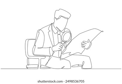 Continuous one line drawing of businessman using magnifying glass to read newspaper, screening out fake news concept, single line art.