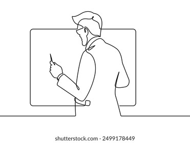 Continuous One Line Drawing of Businessman Doing Presentation. Single Line Art of Businessman Presenting Finance Graphic. Vector EPS 10	