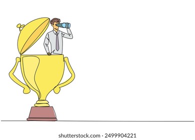 Continuous one line drawing businessman emerges from trophy looking for something through binoculars. Rewards. Winner in the most innovative business. Single line draw design vector illustration