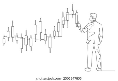 Continuous one line drawing of businessman looking at candlestick graph, investing in stock market, investor and speculation concept, single line art.