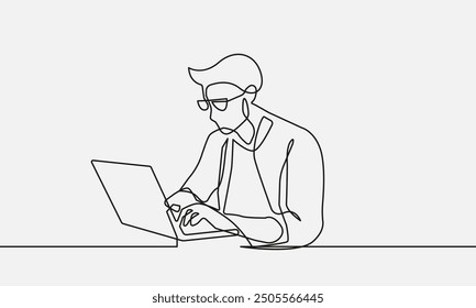 Continuous One Line Drawing of Businessman with Laptop. Man Working in Office One Line Illustration. Business Concept Abstract Minimalist Contour Drawing. Vector EPS 10