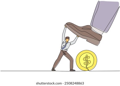 El hombre de negocios que dibuja una línea continua detiene un pie gigante que quiere pisar la Grande moneda con el símbolo del dólar. Resistir a los vándalos que quieren frustrar los negocios. Ilustración vectorial de diseño de dibujo de línea única